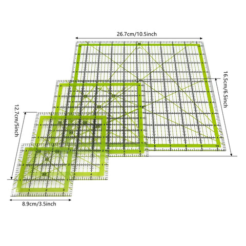 Game Changer Clear Acrylic Quilting Ruler Set For Precise Cutting 4 Piece Sewing Template Squares In Green in assorted sizes.