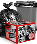 65 Gallon Heavy Duty Trash Bags 50x60 Inches Extra Large Black Contractor Liners for Custodians, Landscapers, Pros, Outdoor Toter Can Liners, Industrial Grade Made in USA 50 Pack shown with box and bin.