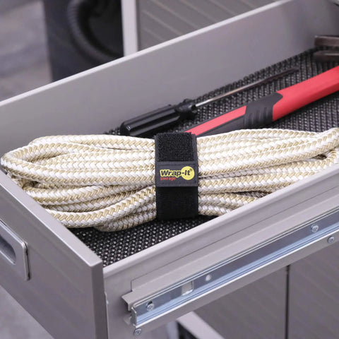 Selfie Straps 12 Inch 8 Pack Black Super Handy Stretchy Hook and Loop Cord Organizer wrapped around coiled rope in drawer