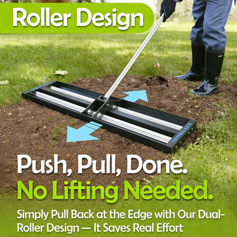Heavy Duty Lawn Leveling Rake With Aluminum Rollers 40x10 Inch Adjustable Handle 27 To 80 Inch Stainless Steel Ground Leveler