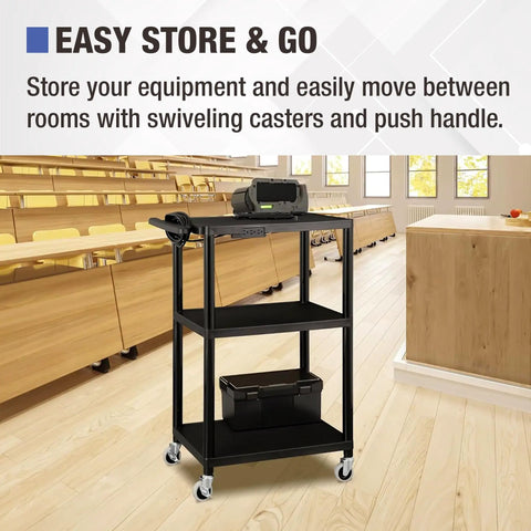 Mobile AV Cart With Power Strip And Casters in classroom, rolling media cart with adjustable shelves for quick setup, black