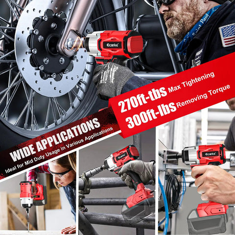 One Half Inch Cordless Impact Wrench Compatible With Milwaukee Eighteen Volt Packs Delivers Three Hundred Foot Pounds Brushless Torque And A Sharp LED Lamp for working on vehicles and heavy-duty tasks.