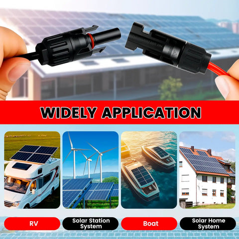 Hands holding connectors with RV, boat, solar home images, part of Solar Cable Entry Gland With 10Ft 10AWG Solar Extension Cable Connector Weatherproof Roof Double Cable Entry Housing Junction Box For RV Boat Camper Van Shed Garage Easy Install Outdoor Power Cable Gland
