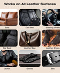 Collage showing uses of All In One Leather Repair Kit With Recoloring Balm Filler And Conditioning Cleaner for various leather goods.