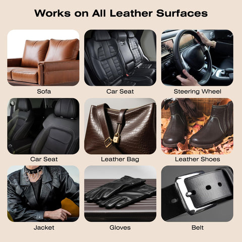 Collage showing uses of All In One Leather Repair Kit With Recoloring Balm Filler And Conditioning Cleaner for various leather goods.