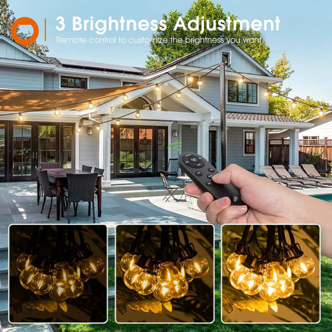 56 Ft Solar String Lights With Remote And USB Charging, 27 Shatterproof G40 Bulbs displayed on patio, hand holding remote