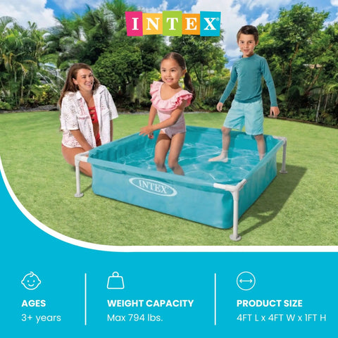 Children playing in a 4 Foot By 12 Inch Mini Durable Vinyl Kiddie Pool for Outdoor Fun, Above Ground Frame, Blue, Easy Setup