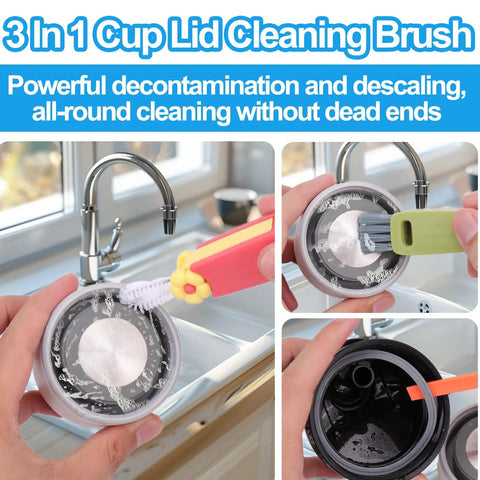 3 In 1 Cup Lid Gap Cleaning Brush Set For Water Bottles And Tumblers in use on sink, demonstrating crevice cleaning power