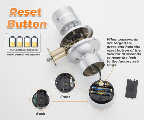 Keyless Electronic Entry Door Knob With Keypad, Smart Door Lock For Home, Hotel Or Office, Auto Locking, battery compartment and reset button visible.