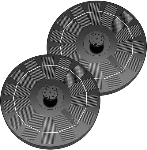 Solar Powered Bird Bath Fountain Kit, 2 Pack, 2.5W solar panels with 6 nozzles each, black circular design, top view