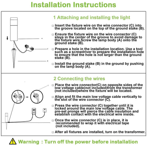 Installation instructions for Low Voltage LED Landscape Path Light with steps on attaching and connecting the wires