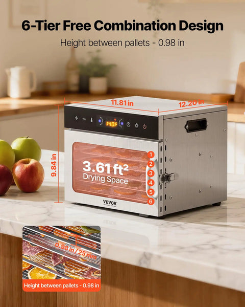 Six Tray Stainless Steel Food Dehydrator With 400W Power, Adjustable Temperature, And 24 Hour Timer on kitchen counter