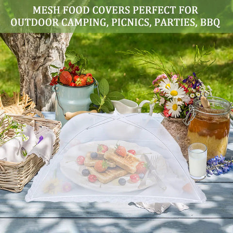 7 Pack Outdoor Mesh Food Covers Set With One Extra Large 40 By 24 Inch And Six Standard 17 Inch Covers over fruit platter