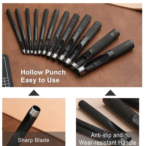 Heavy Duty Leather Hole Punch Set 1.0 To 10mm Hollow Punches With Non Slip Knurled Steel Build on display