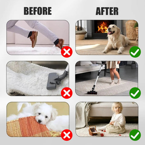 Stay Put Rug Grippers Set 24 Pieces Non Slip Rug Tape Before and After Results with Rugs and Pets on Hardwood Floors and Tiles