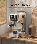 Pro Semi Automatic Espresso Maker With Built In Milk Frother And Touch Screen for smooth lattes on wooden kitchen counter.