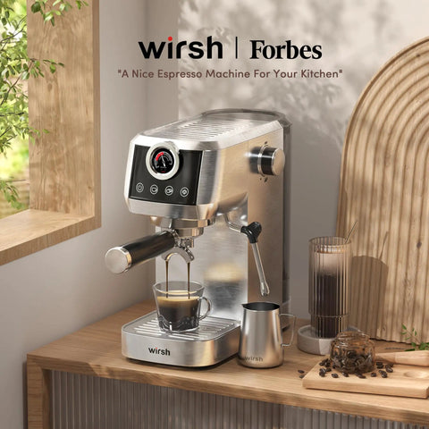Pro Semi Automatic Espresso Maker With Built In Milk Frother And Touch Screen for smooth lattes on wooden kitchen counter.