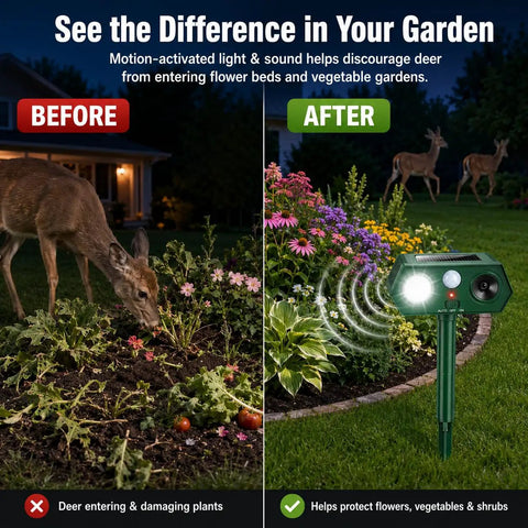 Two Gear Solar Ultrasonic Animal Deterrent With Motion Sensor Strobe Flash Yard Garden Deer Cat Rabbit Repeller For Plants And Vegetables Habituation Proof 2026 Upgrade in garden before-after deer repellent