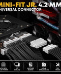 Mini-Fit Jr. 4.2mm universal connectors installed in PC build with ATX/EPS power supply and wiring visible.