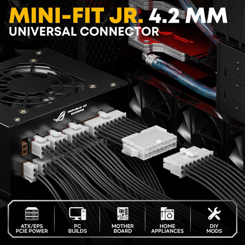Mini-Fit Jr. 4.2mm universal connectors installed in PC build with ATX/EPS power supply and wiring visible.