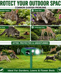 4 Pack Ultrasonic Outdoor Animal Deterrents With Solar Power Motion Sensor IP65 Waterproof Flashing Light That Scares Squirrels Raccoons Rabbits Foxes Skunks Cats Dogs In Your Yard Or Garden, green yard stake