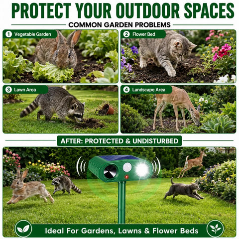 4 Pack Ultrasonic Outdoor Animal Deterrents With Solar Power Motion Sensor IP65 Waterproof Flashing Light That Scares Squirrels Raccoons Rabbits Foxes Skunks Cats Dogs In Your Yard Or Garden, green yard stake