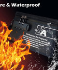 Lockable Fireproof Money Bag With Zipper Pouch, Waterproof Envelope Container shown with fire and water elements.