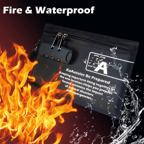 Lockable Fireproof Money Bag With Zipper Pouch, Waterproof Envelope Container shown with fire and water elements.