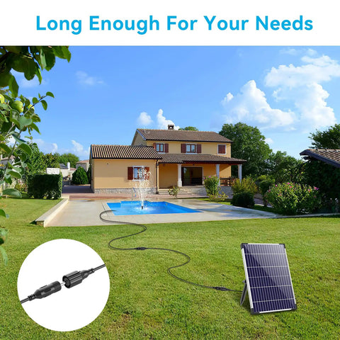 10 Foot Extension Cord For Solar Water Fountain Pump With Waterproof Connector extending from solar panel to garden fountain