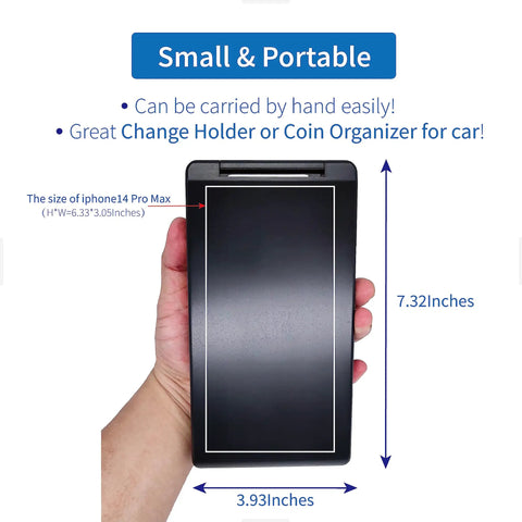 Hand holding Coin Counter Tray With Cover Dual Pack Mini Coin Sorter Tray for All US Coins, size comparison with phone