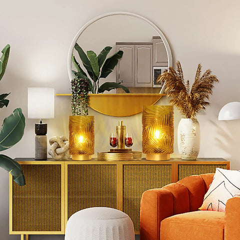 Cordless Battery Operated LED Glass Lamp With Timer Yellow Table Centerpiece in living room with plants and decor
