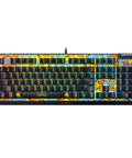 Next Level Gaming Setup Essential With Hella Tactile Green Mechanical Switches Featuring Officially Licensed Pokemon Graphics, overhead view of gaming keyboard with colorful Pokemon design.