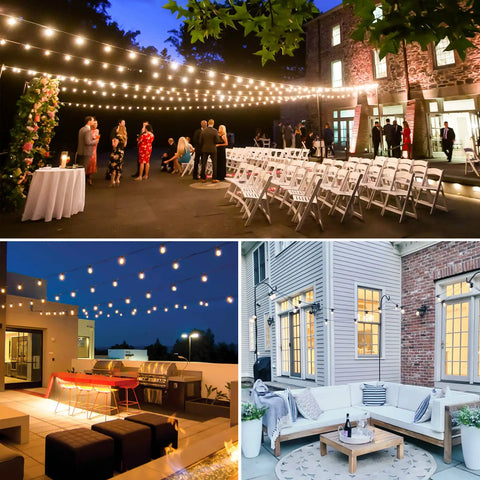 Collage of patios with 2-Pack 96Ft Outdoor String Lights for Patio with Waterproof Dimmable 2700K LED Filament Bulbs, Linkable.