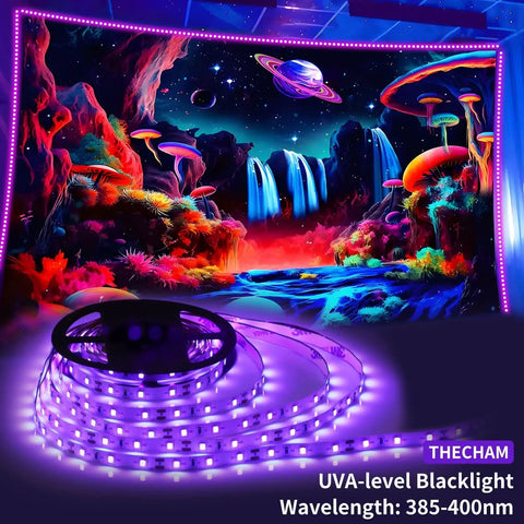 40Ft Black Light Strip With Remote, 720 LED Beads, 12V Flexible Glow Party Lighting, in front of a neon galaxy backdrop