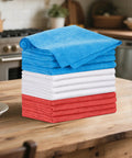 12 Pack Microfiber Cleaning Cloths For Cars And Home, Lint Free No Cap Streak Free Towels stacked on a kitchen table.