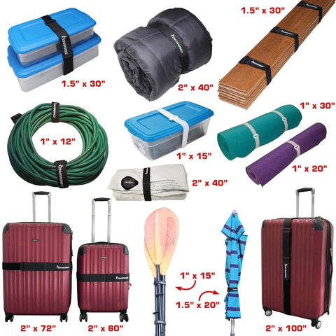 Heavy Duty Cinch Straps 2 Inch By 60 Inch 6 Pack Built Tough Multipurpose With Strong Gripping Hook And Loop Securing Straps used on luggage, cables, and mats