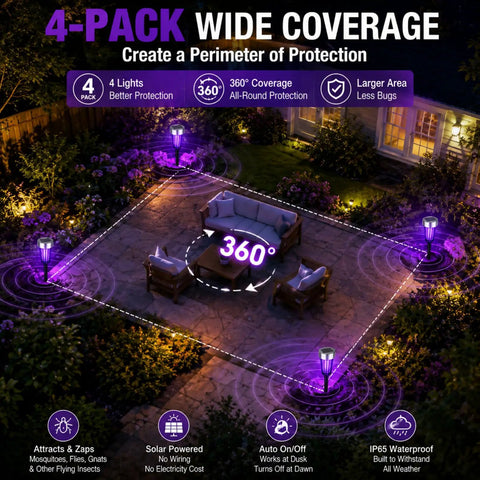 Solar Powered Bug Zapper Outdoor 4 Pack for Yard Garden Patio IP65 Waterproof with Auto On Off and Purple or White Light installed in patio