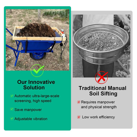 Comparison of traditional manual soil sifting with a 40W 110V Adjustable Vibrating Soil Sifter with wooden screen in a wheelbarrow.