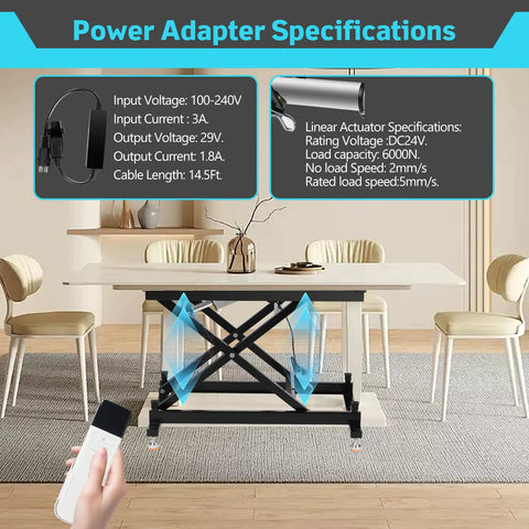 Power adapter specifications for Electric Lift Coffee Dining Table With Remote Control, Heavy Duty 330 Lb Capacity, Rust Resistant Steel Build.