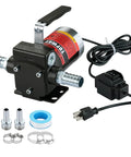 Plug And Play 110V AC Gasoline Fuel Transfer Pump 3.7 GPM Self Priming Oil And Diesel Pump components including motor and hoses visible.