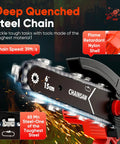 Close-up of red chainsaw with flame-retardant shell, highlighting 6-inch steel chain for One Handed 6 Inch Cordless Mini Chainsaw
