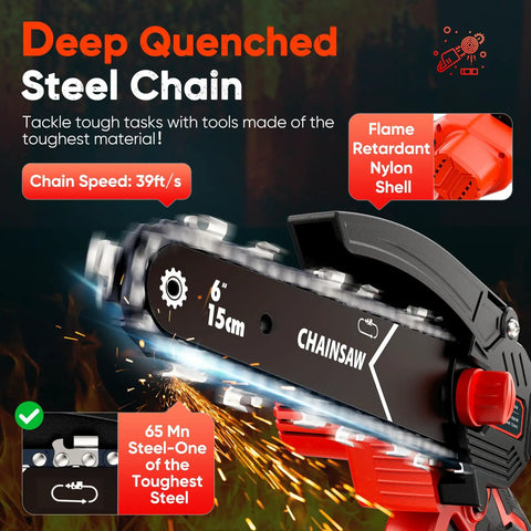Close-up of red chainsaw with flame-retardant shell, highlighting 6-inch steel chain for One Handed 6 Inch Cordless Mini Chainsaw