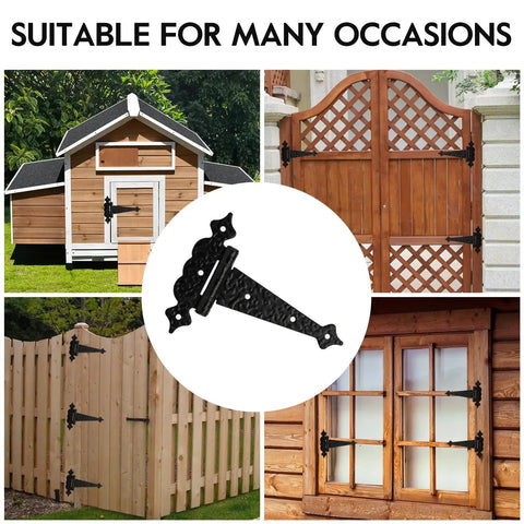 Heavy Duty T Strap Gate Hinges 6 Inch Decorative Hammered Finish Rust Proof Steel Outdoor Wood Gate Barn Shed Door Hardware 4 Pack on various gates and shed.