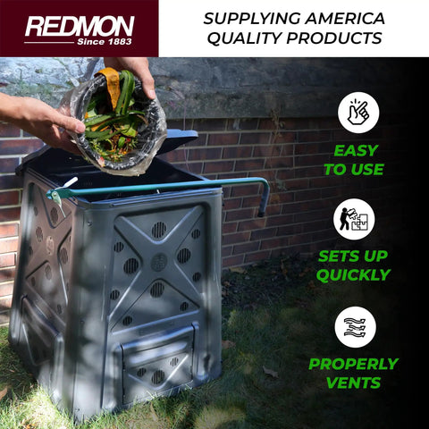 Outdoor Compost Bin With Lift Off Lid 65 Gallon Capacity Four Door Access And Vent Holes Durable Black Garden Waste Caddy shown outdoors