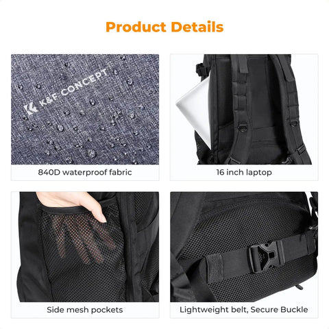30L Camera Backpack With Rain Cover And 16 Inch Laptop Compartment Built For Travel, showing waterproof fabric and side mesh pockets