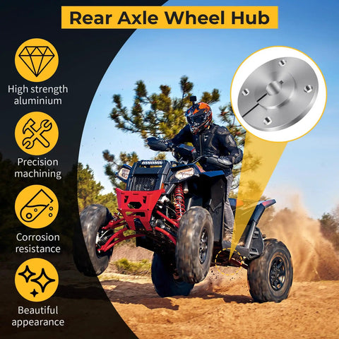 Heavy Duty Aluminum Rear Axle Wheel Hub With One Inch Bore For Off Road Carts 4X4 Utility Go Karts And Fun Carts shown with rider on go kart.