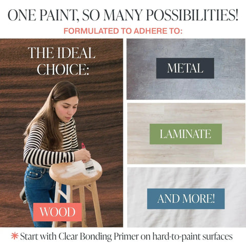 Woman painting wooden stool with All In One Chalk Paint For Furniture And Cabinets With Built In Primer And Top Coat No Fuss Eco Friendly Matte Finish Works On Wood Metal Laminate And More Liquorice Black Pint 16 Oz.