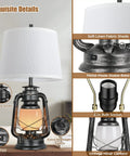 Set Of 2 Farmhouse Table Lamps With USB Port Three Way Dimmable featuring metal base, linen shade, miner lantern night light, and USB port.