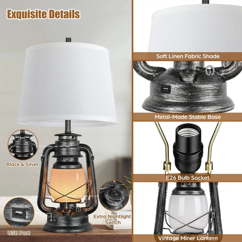 Set Of 2 Farmhouse Table Lamps With USB Port Three Way Dimmable featuring metal base, linen shade, miner lantern night light, and USB port.