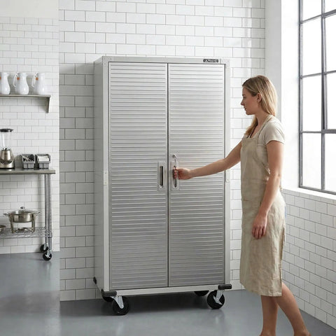 Heavy-Duty Metal Storage Cabinet With Four Shelves And Locking Doors Mobile Rolling Design For Garage Warehouse And Studio Stainless Steel Tool Organizer With Adjustable Feet And Built To Last Rugged Wheels, 36W x 18D x 72H in